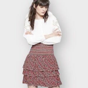 MAJE Jalao Tiered Ruffle Red Geometric Print Skirt (Sz 1)